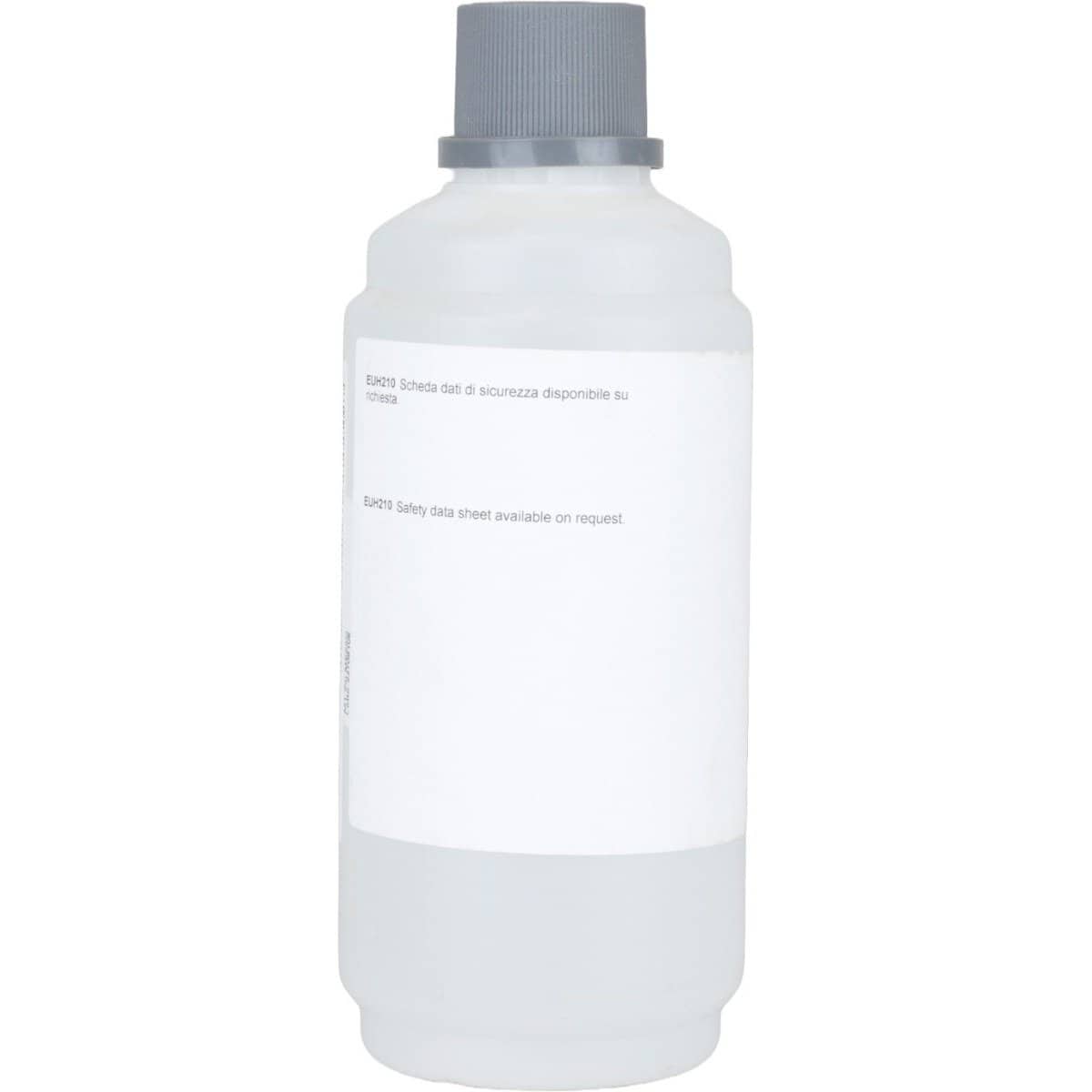 Witte zwembad reinigingsmiddel fles met grijze dop.