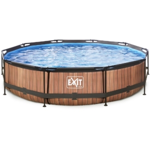 Opvouwbaar zwembad met houten design en veiligheidsrand voor tuin.