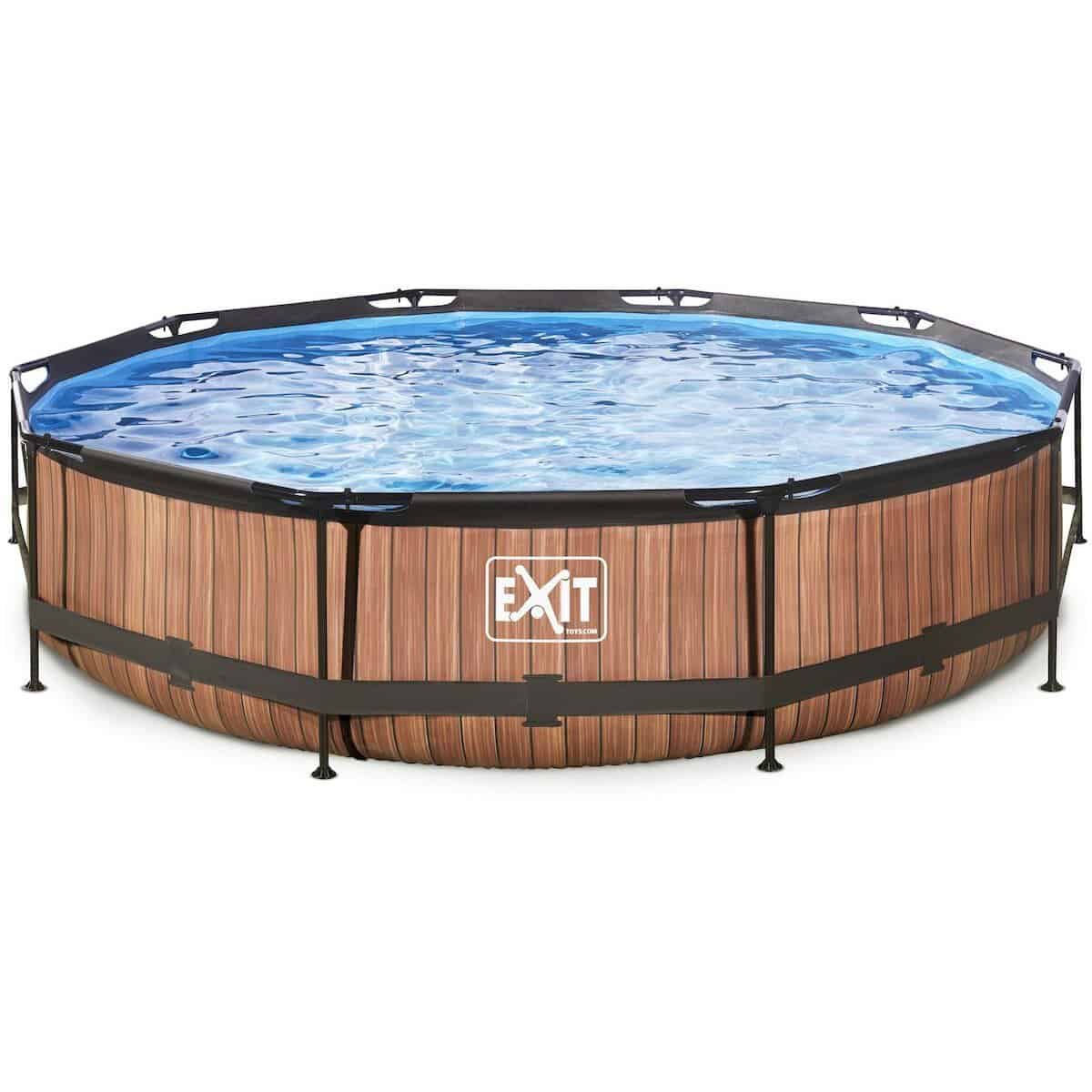 Opvouwbaar zwembad met houten design en veiligheidsrand voor tuin.