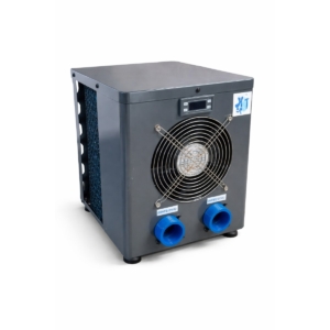 Compact koelapparaat voor zwembadwater met ventilator en aansluitingen.