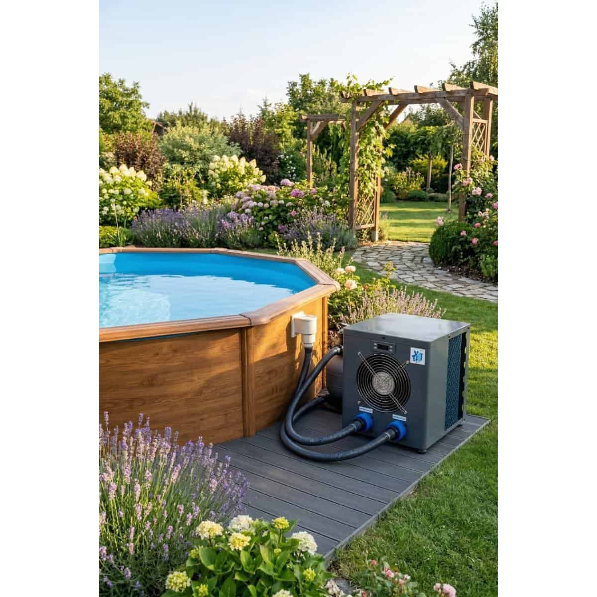 Tuin met houten zwembad en warmtepomp, omgeven door bloemen en groen.