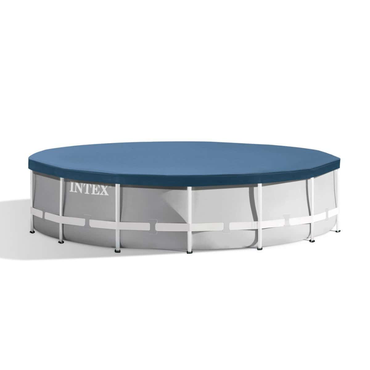 Intex opblaasbaar zwembad met blauwe afdekking en witte frame.