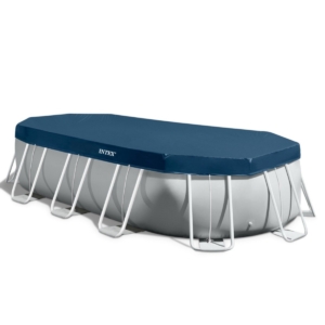 Opblaasbaar zwembad met blauwe afdekking en metalen frame voor tuin.