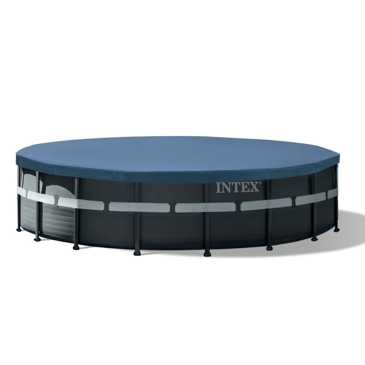 Intex opblaasbaar zwembad met blauwe rand en zwart onderkant.