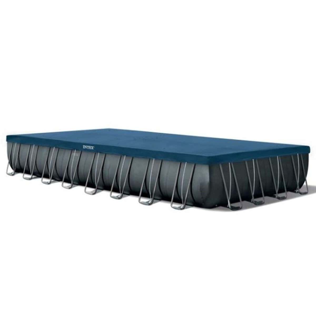 Opblaasbaar zwembad met blauwe afdekking en metalen frame voor tuin.