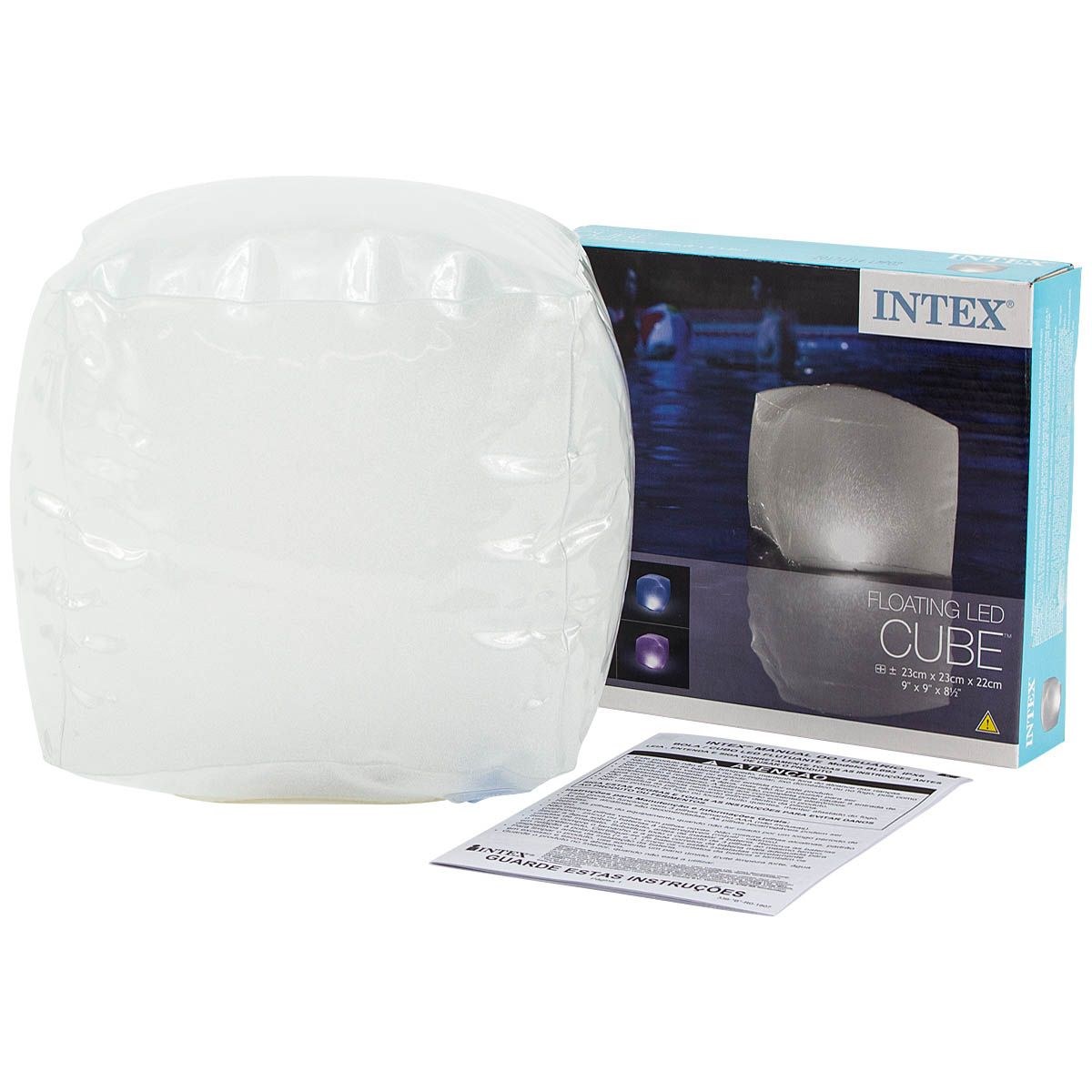 Opblaasbare LED zwembadbal met verlichte kubus voor zwembaddecoratie en sfeer.