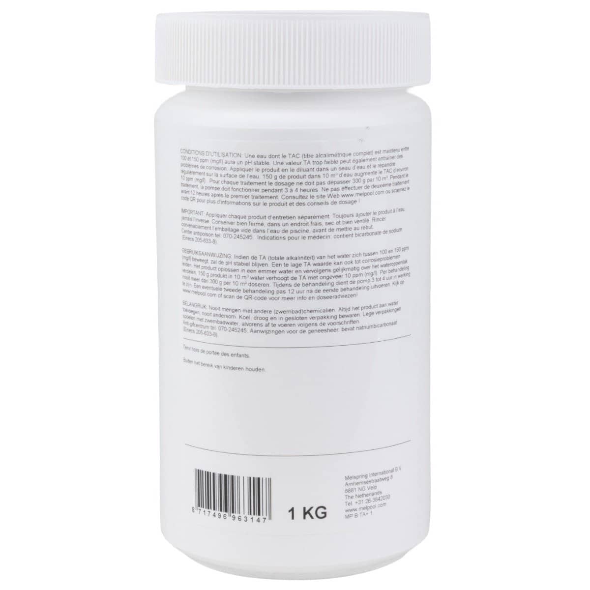 Wit flesje met zwembad reinigingsmiddel, 1 kg, geschikt voor zwembadonderhoud.