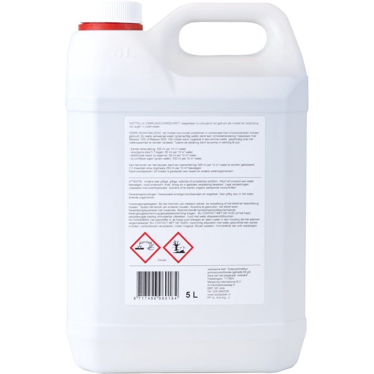 Veilig opslag van zwembadchemicaliën in grote 5L fles.