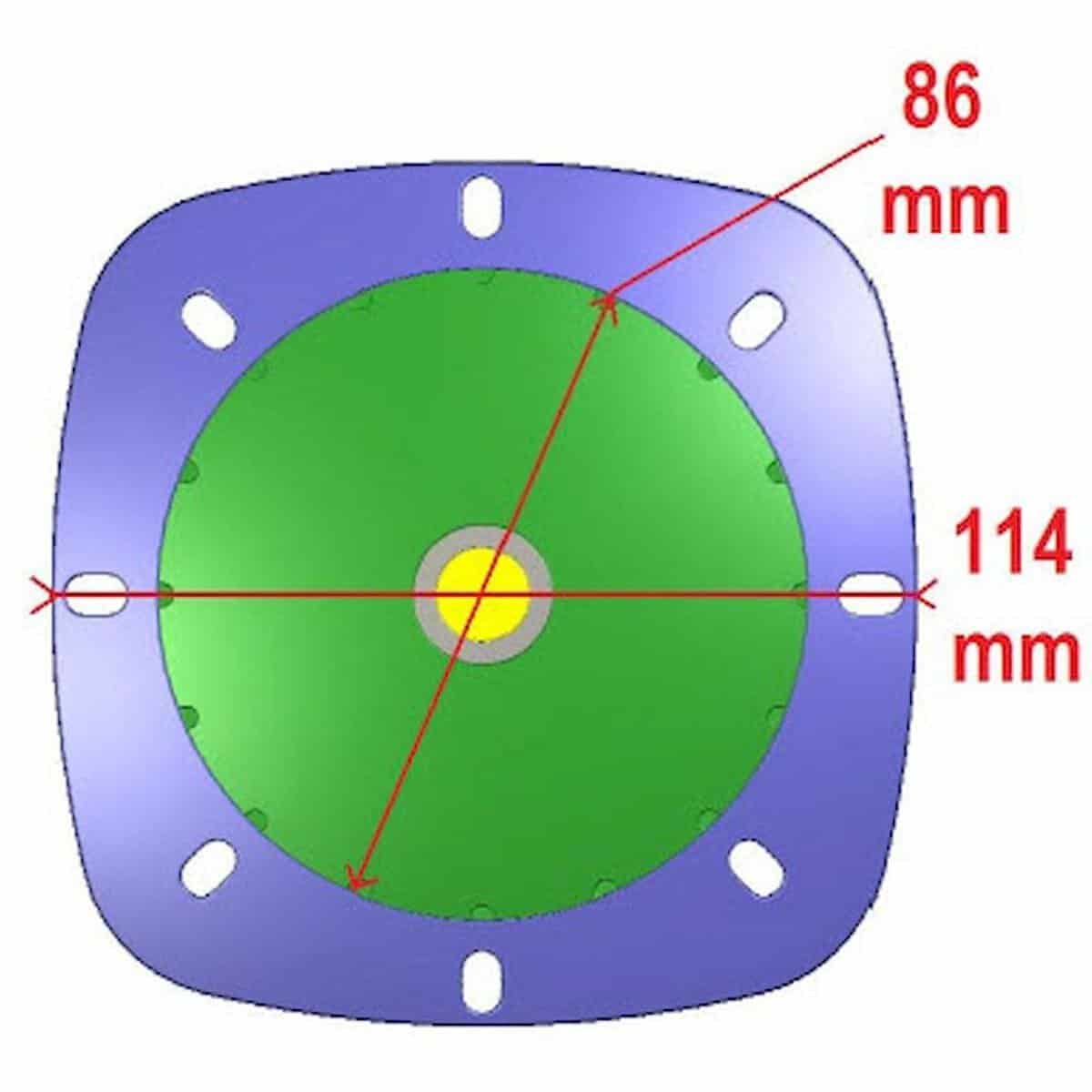 Technische afmetingen van zwembadonderdeel met diameter 86mm en 114mm.