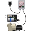 Diagram van zwembadverwarmingssysteem met timer en elektrische aansluiting.