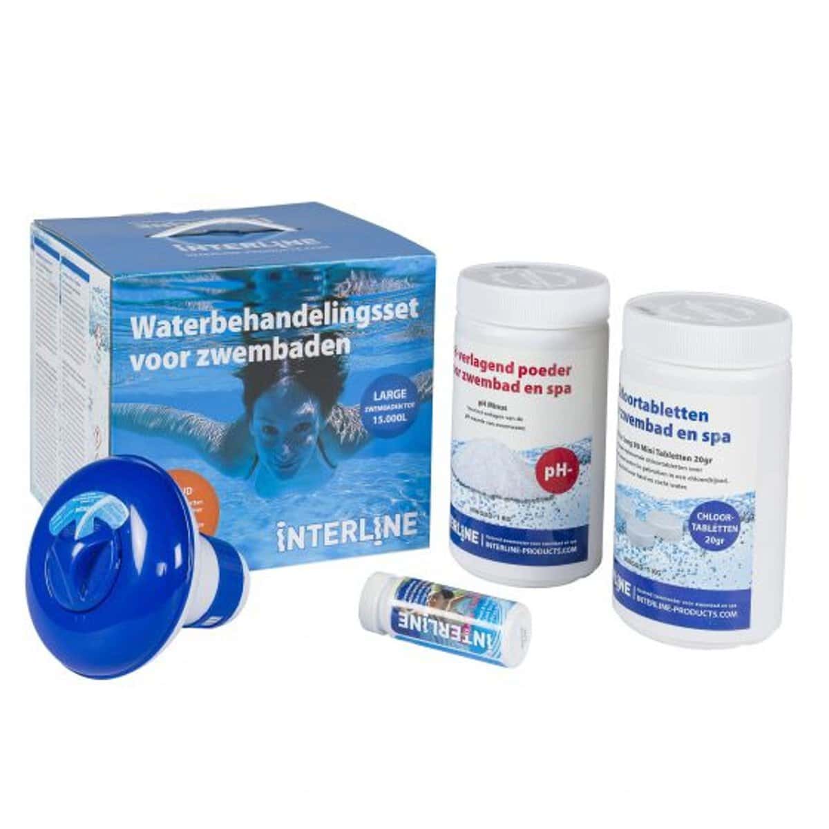 Complete waterbehandelingsset voor zwembadonderhoud en waterbalans.