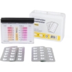 Testset voor zwembadwater, pH en chloorwaarden, inclusief teststrips en meetinstrument.