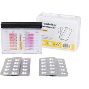 Testset voor zwembadwater, pH en chloorwaarden, inclusief teststrips en meetinstrument.