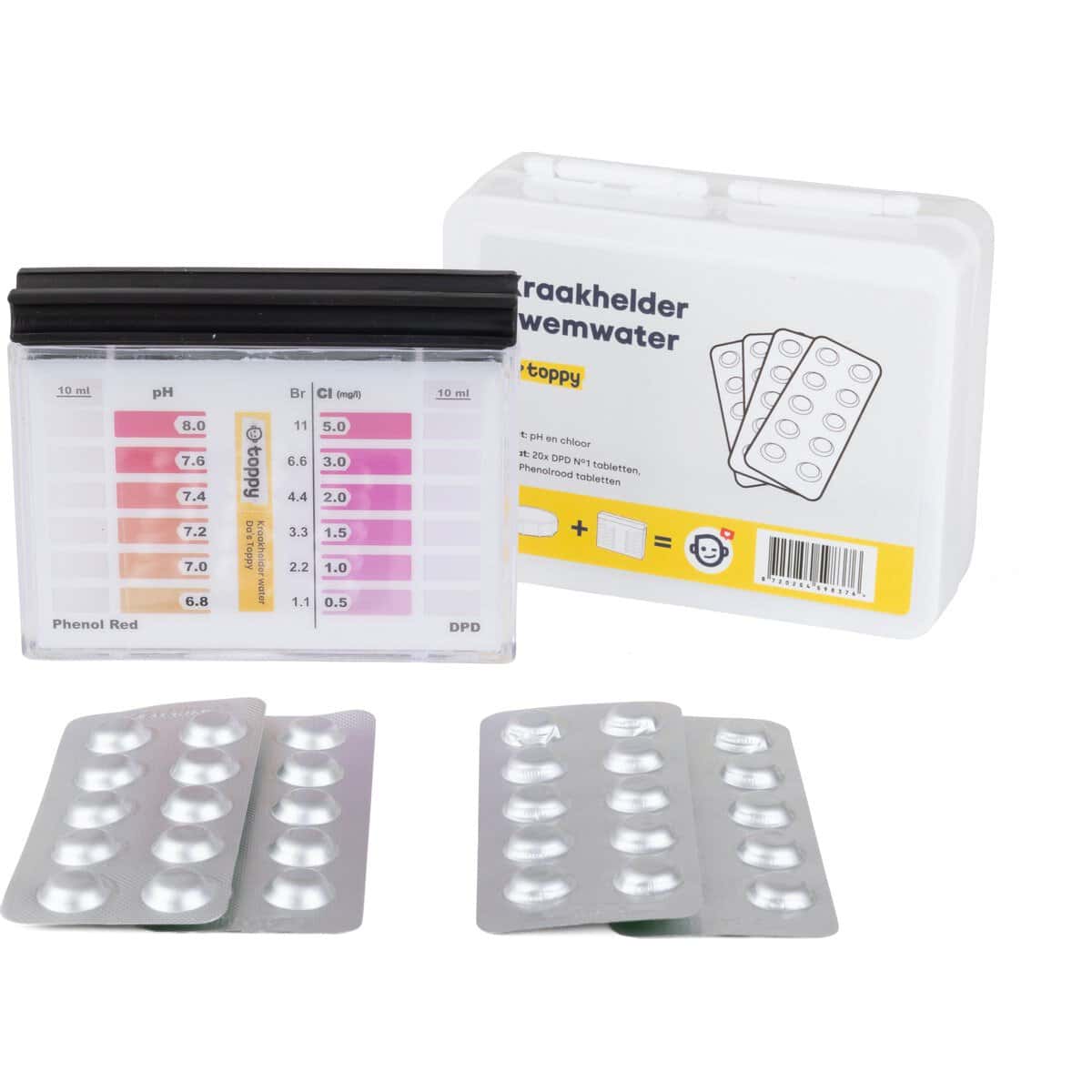 Testset voor zwembadwater, pH en chloorwaarden, inclusief teststrips en meetinstrument.