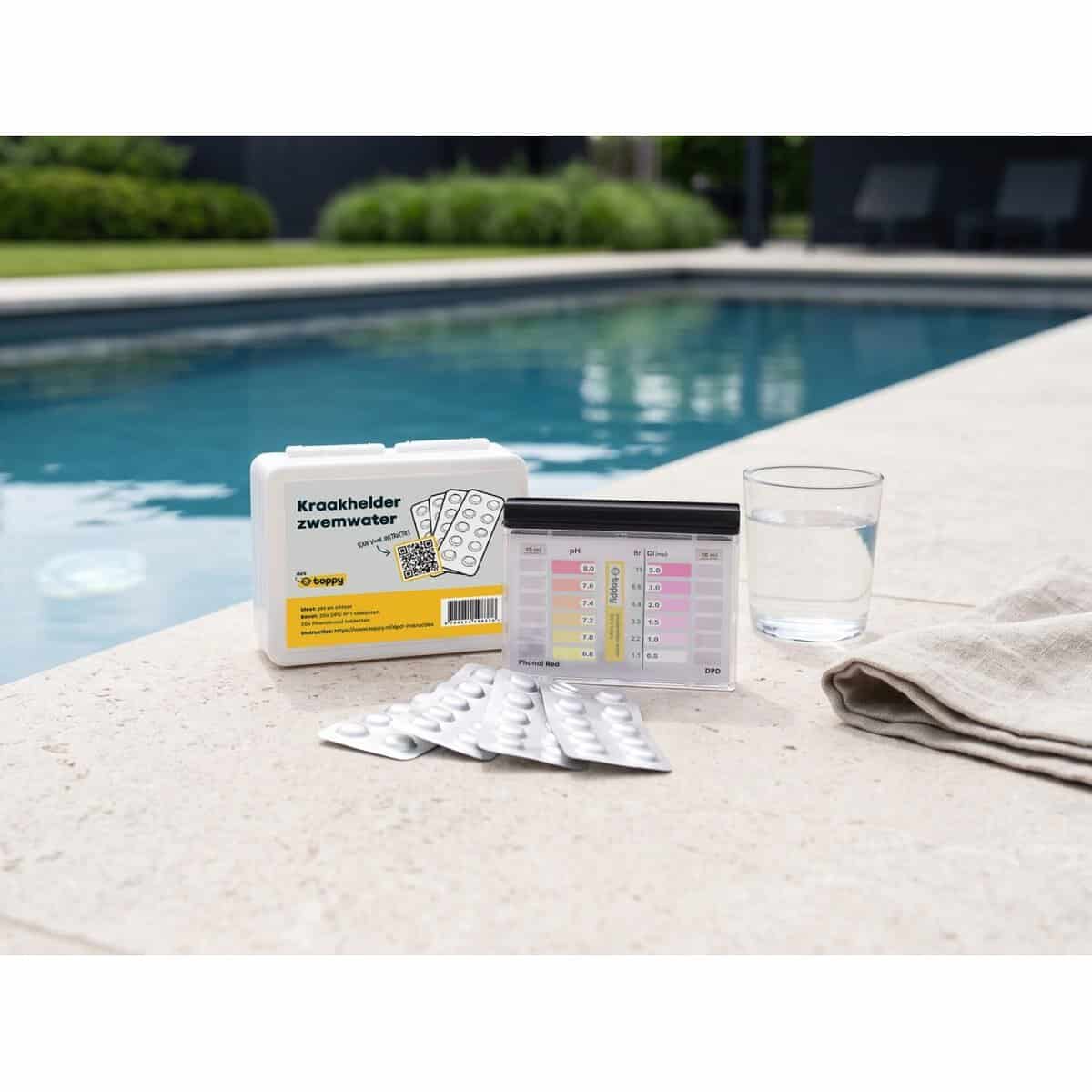 Testkit voor zwembadwater met teststrips en pH-meter.