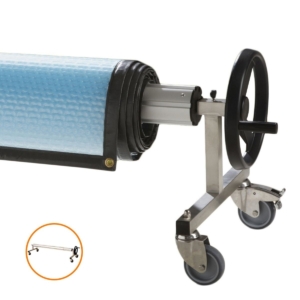 Mobiele zwembadrollator voor het verplaatsen van zwembadfolie en accessoires.