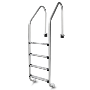 Zwembadtrap met stevige metalen handgrepen en antislip treden voor veilig gebruik.