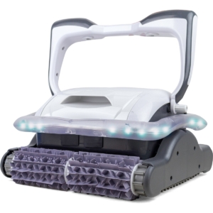 Robot zwembadreiniger met roterende borstels en LED-verlichting voor een schone zwembadbodem.